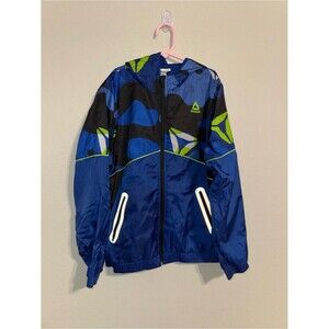 Reebok Blue, Black & Neon Green Patterned Windbreaker Jacket